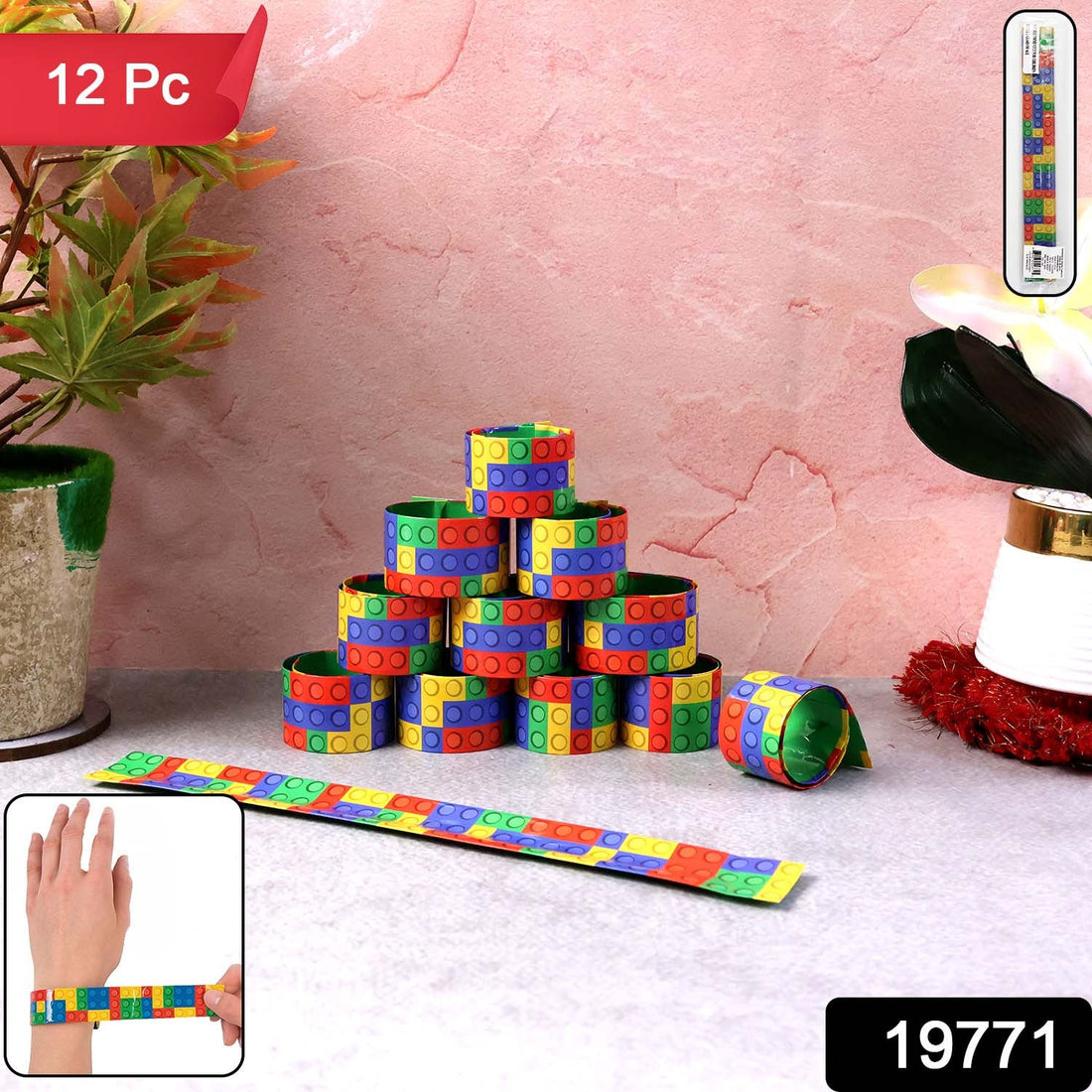 12-piece colorful snap slap bracelets with vibrant multicolor brick patterns
