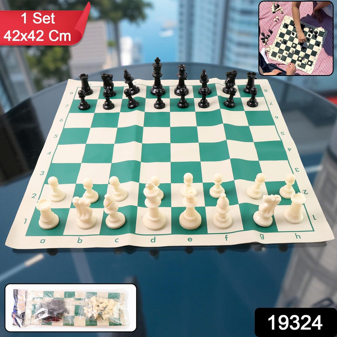 Portable chess set with big foldable vinyl board and black and white plastic pieces