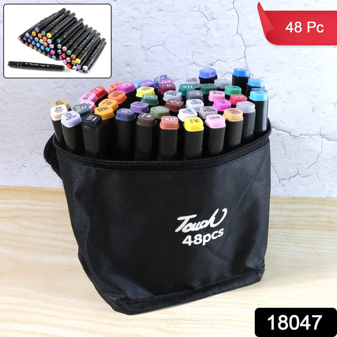 Sketch markers set with 48 vibrant dual-tip colors arranged for display