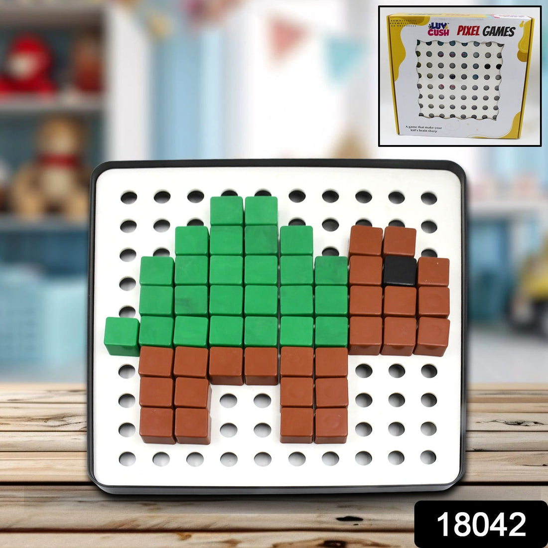 Kids assembling colorful pixel cubes toy on a board.