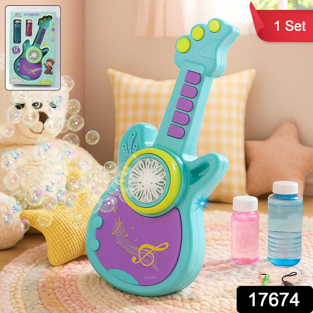 Electric guitar-shaped bubble machine for kids with vibrant colors