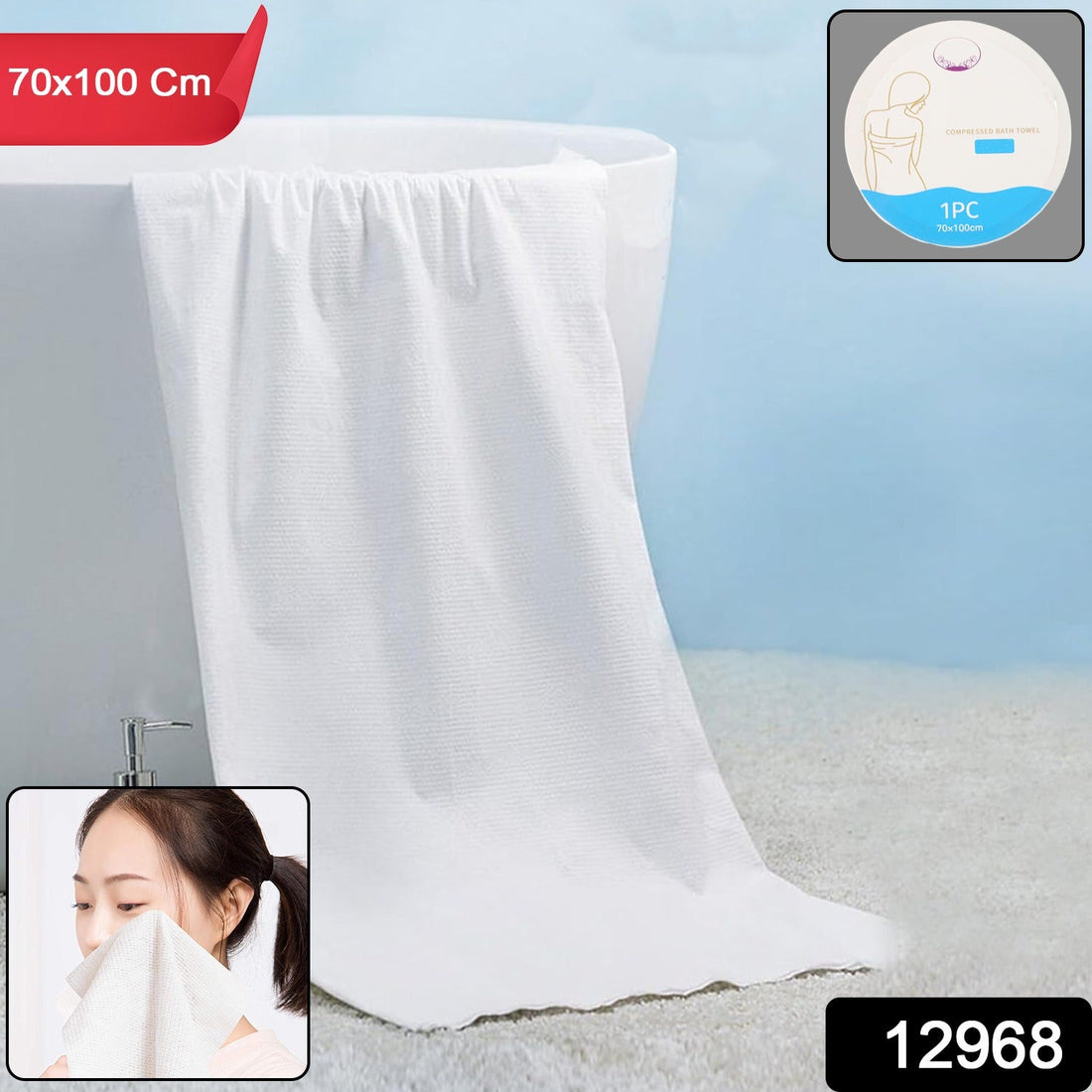 Compressed travel bath towel in expanded form lying flat