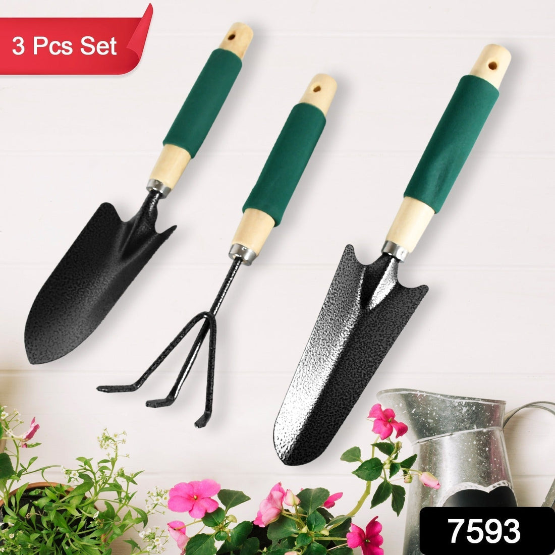 Complete 3-piece gardening tool set featuring a hand cultivator, trowel, and weeder.