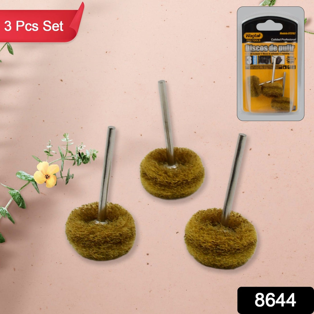 Abrasive buffing wheel set with 3mm shank for rotary tools.