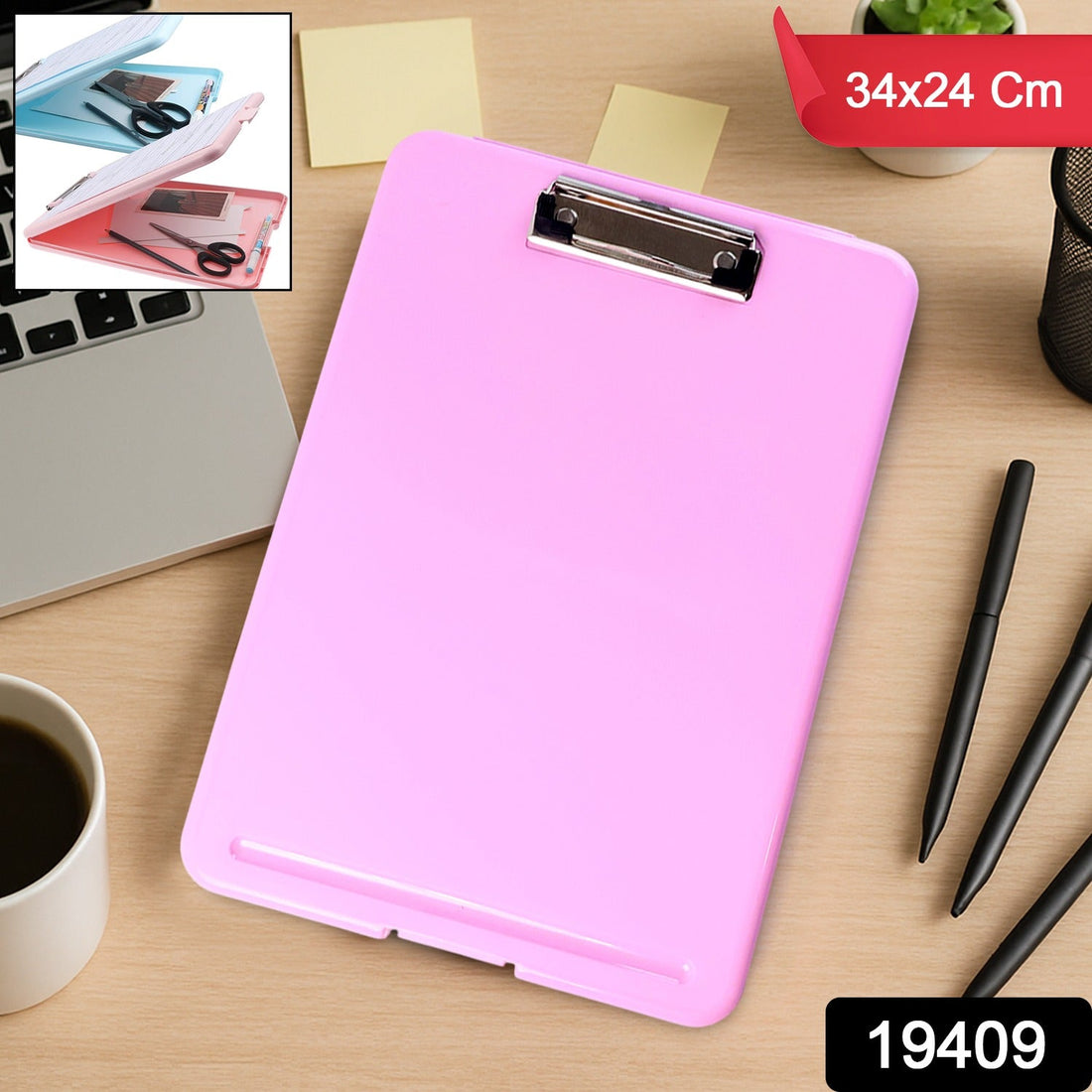 A4 clipboard with hard plastic body and storage compartment suitable for school and office use