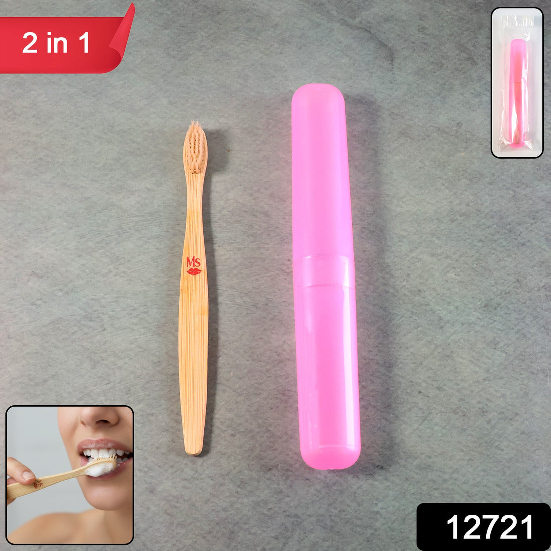 Front view of the 2-in-1 Toothbrush with soft bristles and protective cover.
