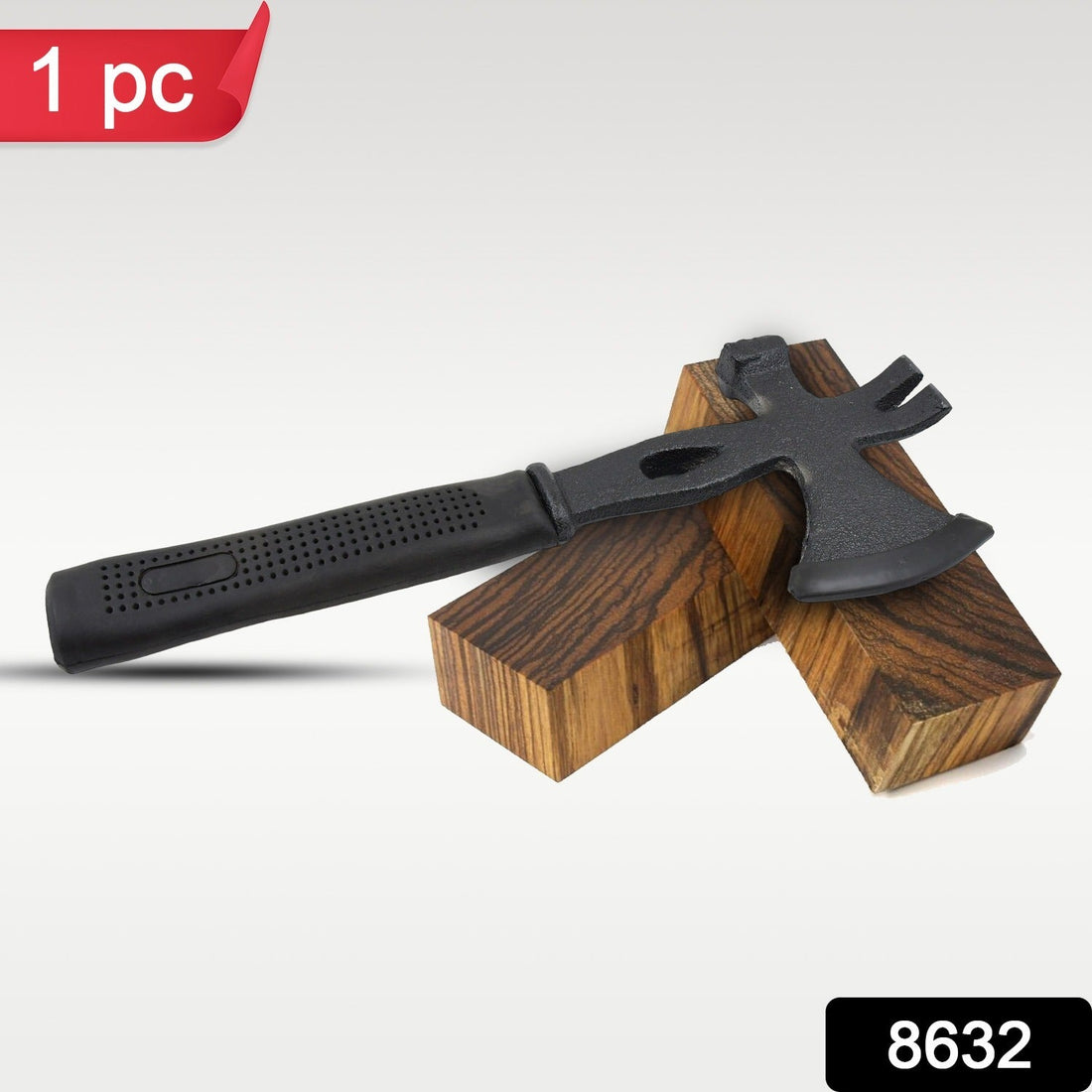 Multifunction axe with durable rubber handle for secure grip during outdoor tasks.