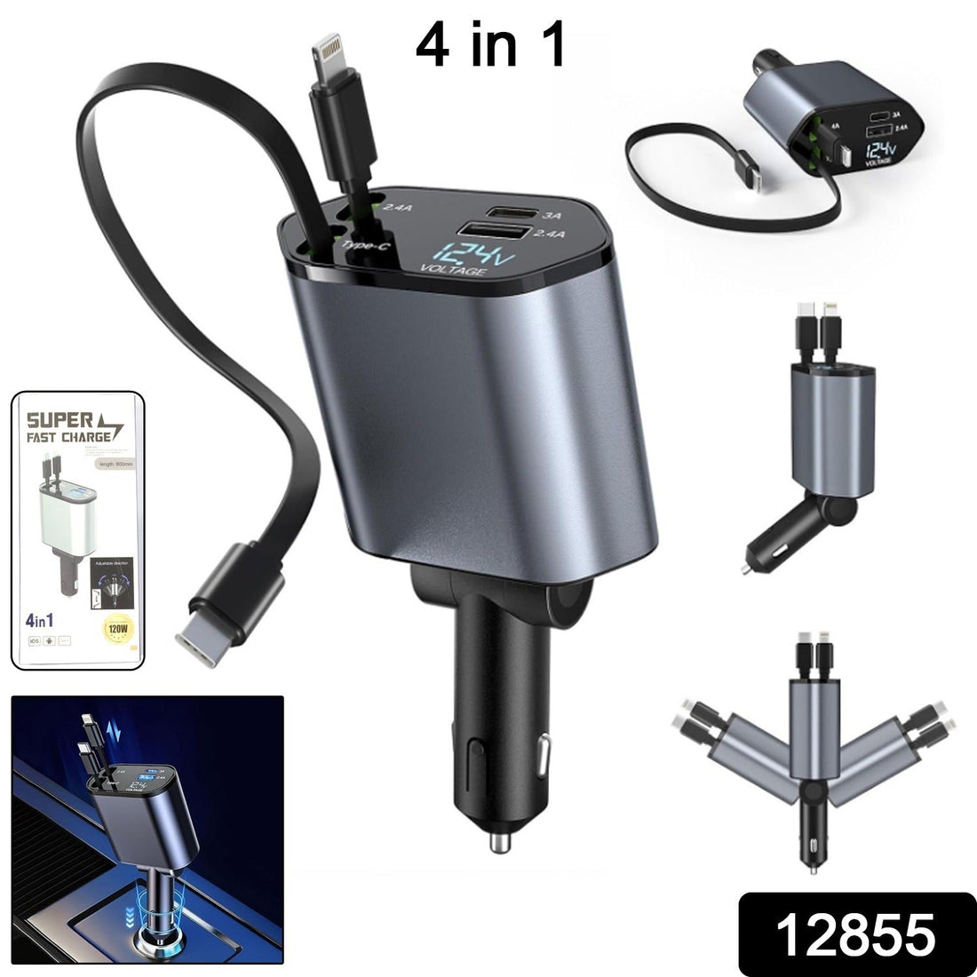 4-in-1 car charger with dual built-in cables and USB ports for fast charging