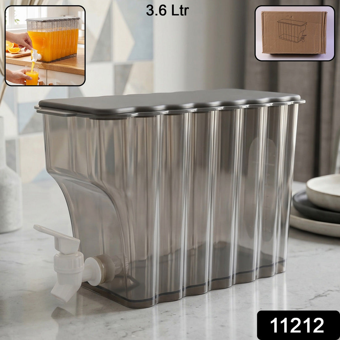 Front view of a transparent plastic water jug with tap dispenser, 3.6L capacity, modern design