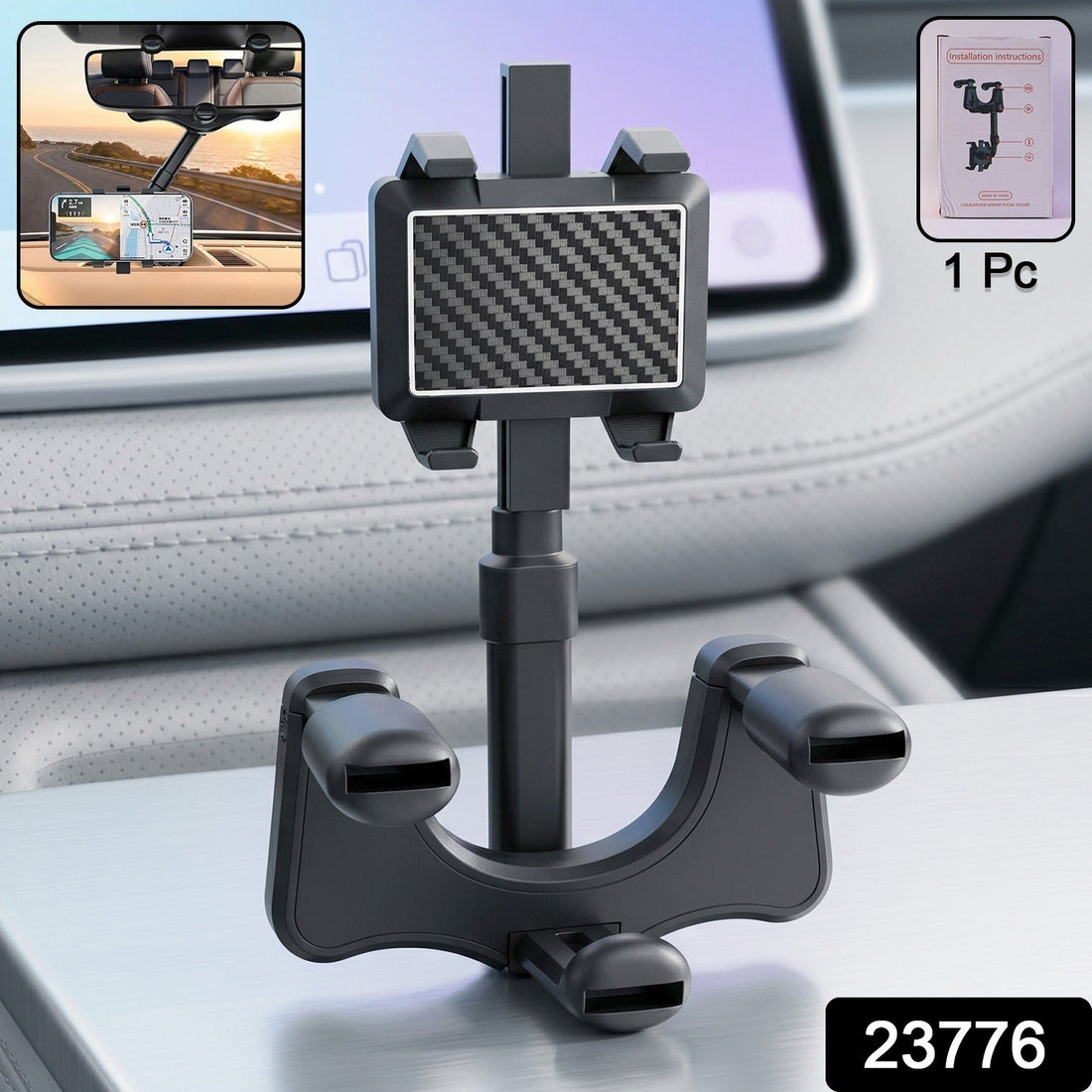 Car rear view mirror phone holder clip securely onto mirror with adjustable rotating head
