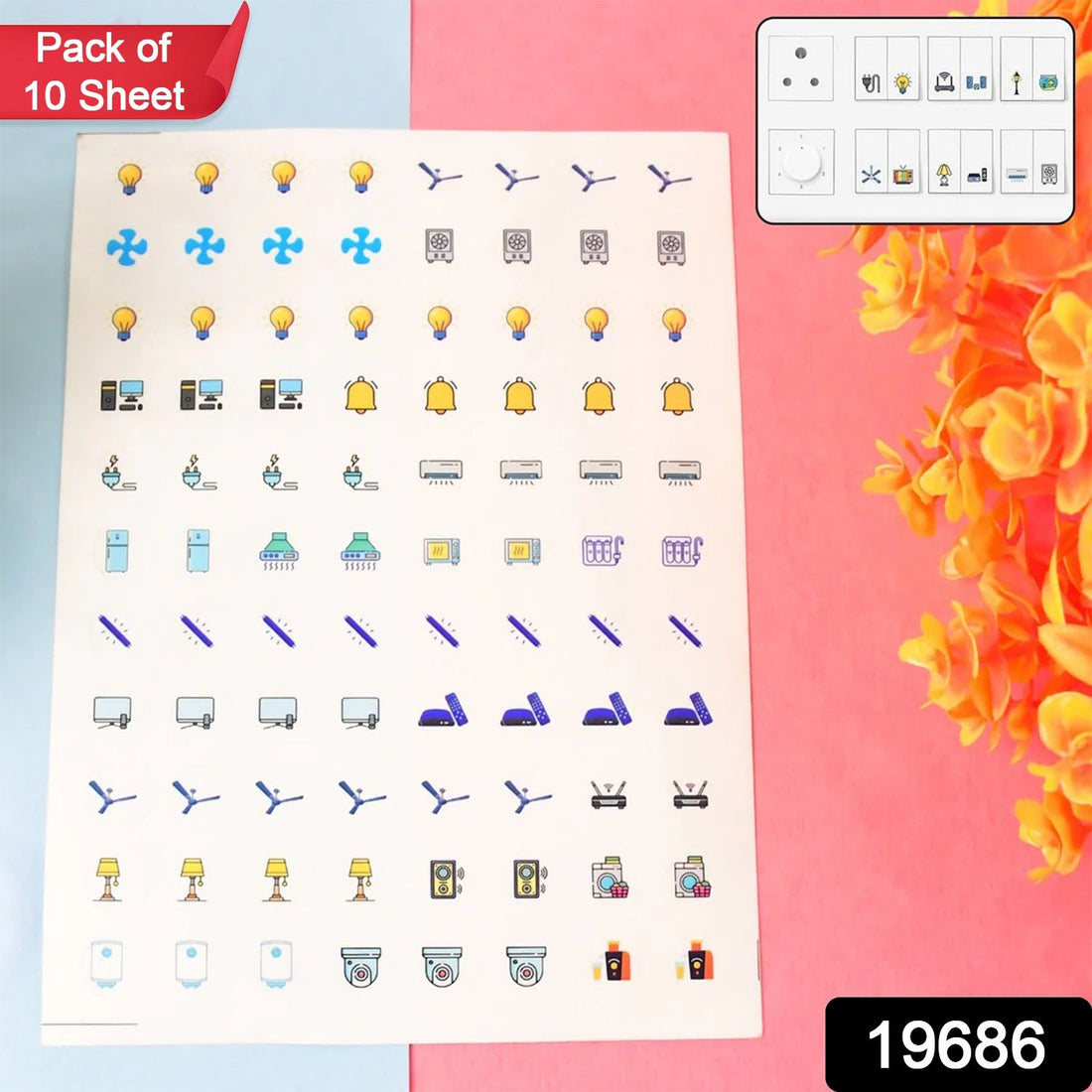 Pack of Smart Switch Icon Sticker Sheets showing colorful appliance icons