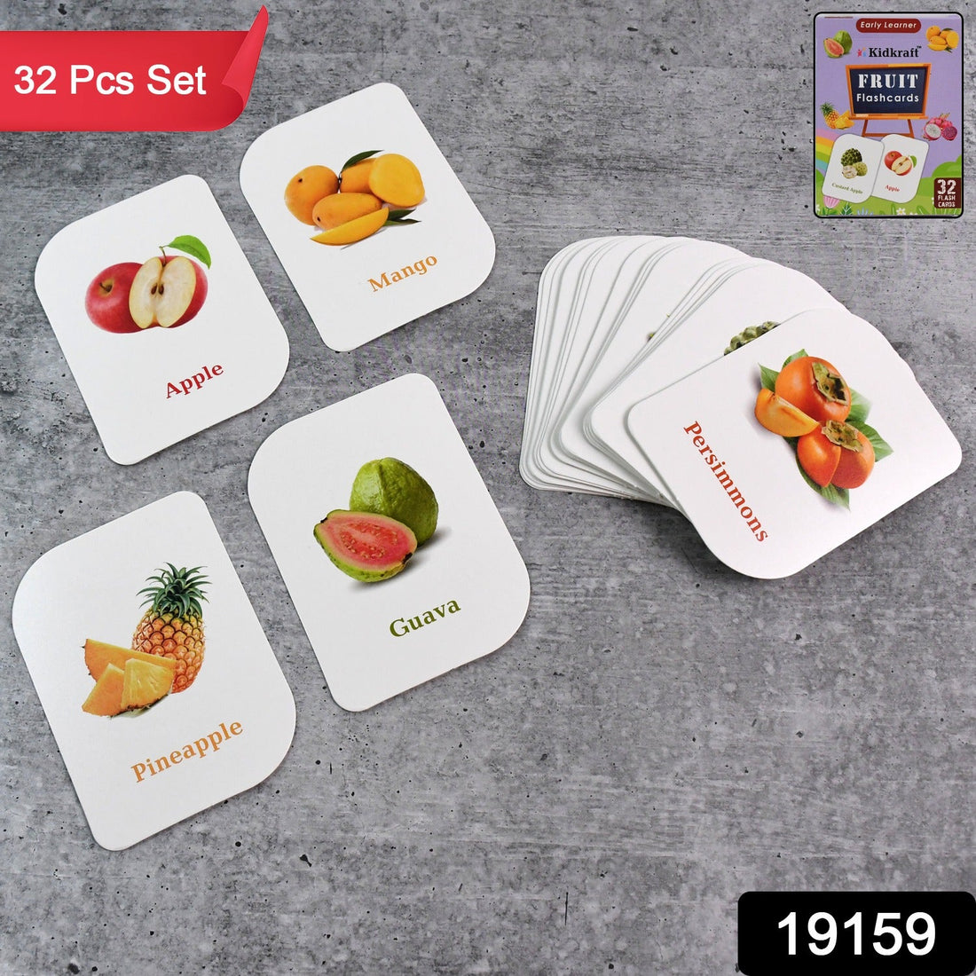 Set of 32 durable fruit flashcards with vibrant images and English names
