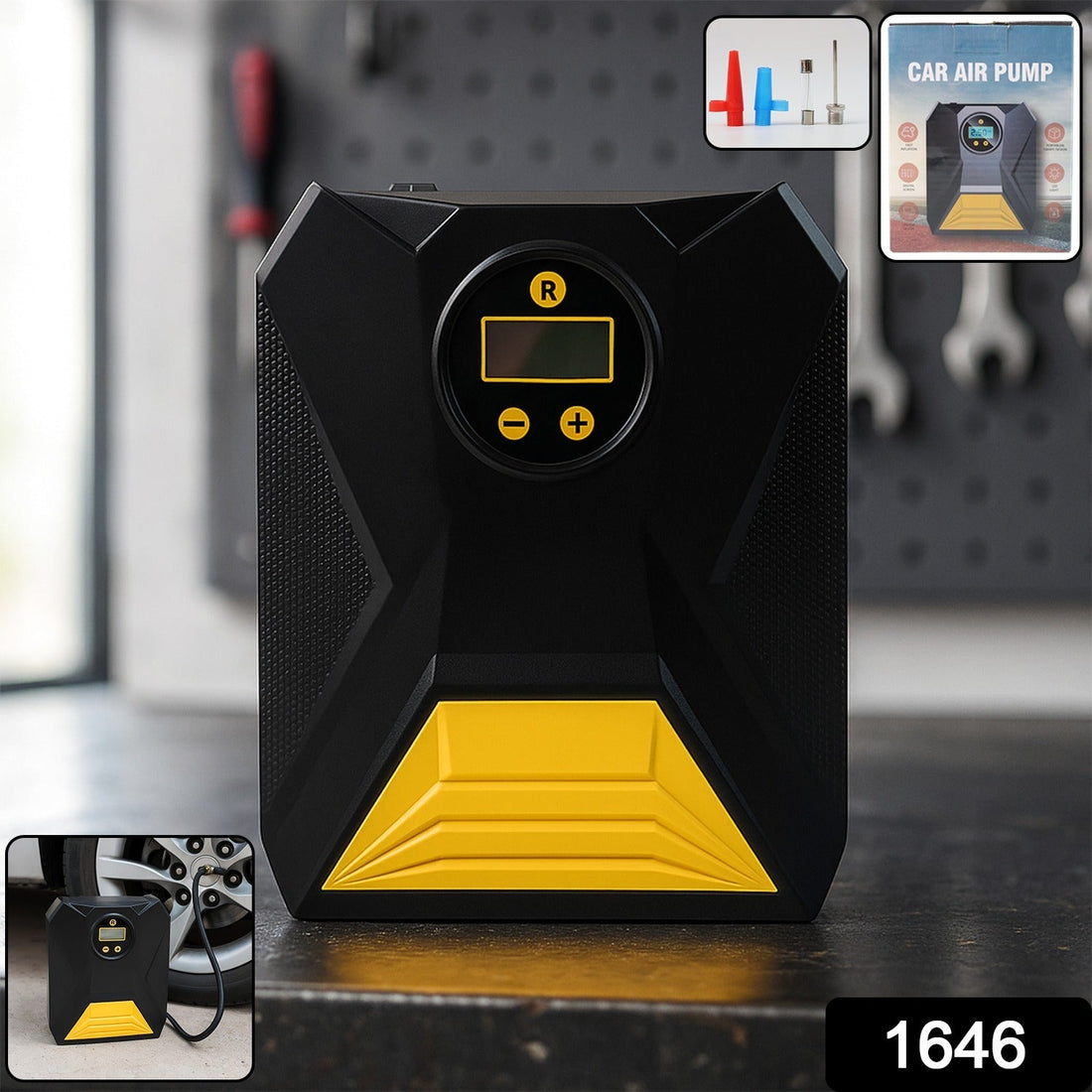 Mini digital portable car tyre air compressor front view showing LCD display