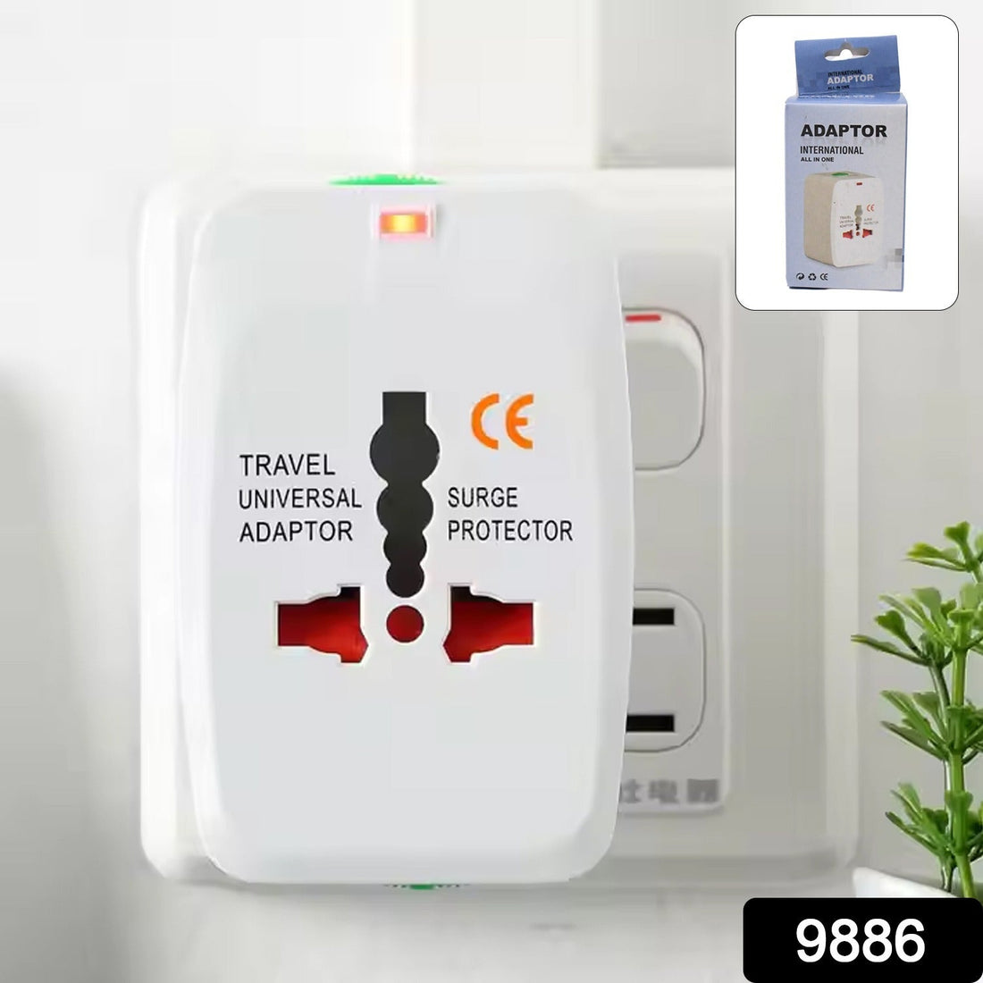 Universal travel adapter front view showing all plug types compatible globally