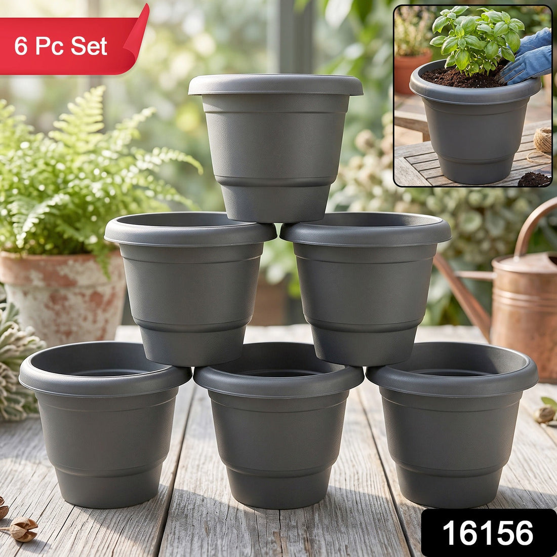 Plastic round flower pot planter set, durable gardening pots with rim (6 pcs set)