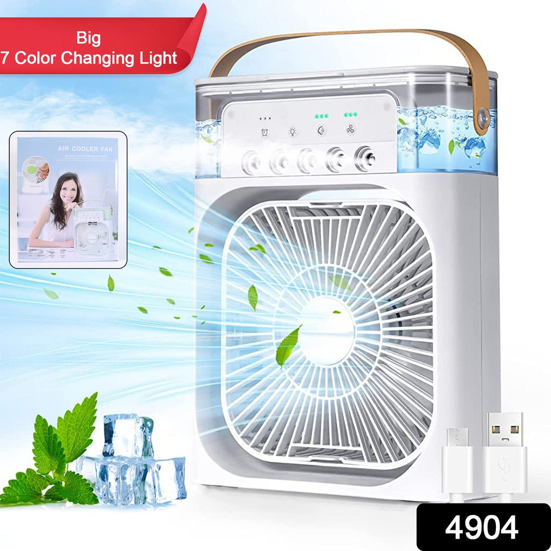Portable air cooler fan with 7-color LED light design