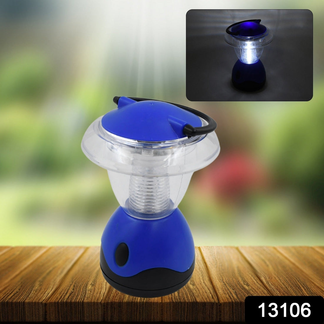 A blue and clear plastic mini lantern sits on a wooden table, with a small inset showing it glowing in the dark.