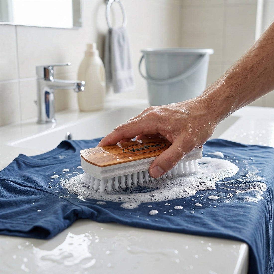 VeePee Heavy-Duty Cloth Washing Brush showing nylon bristles for cleaning