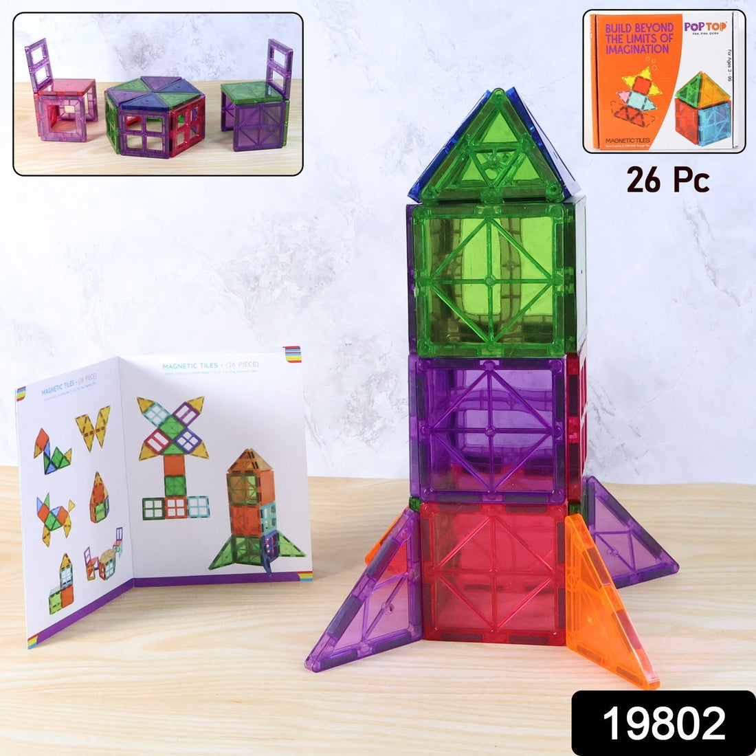 26-piece magnetic building tiles set assembled into colorful creative shapes