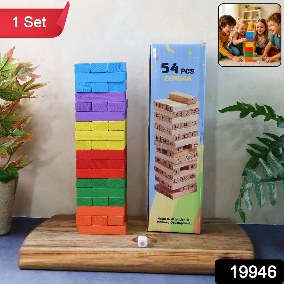 Wooden Stacking Tower Game set with 54 wooden blocks