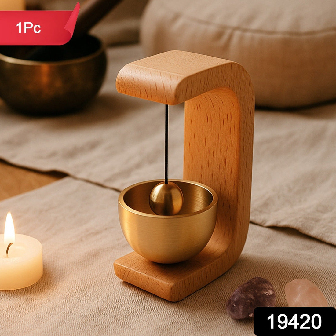 Premium Japanese style Zen meditation bell with wooden stand on desktop