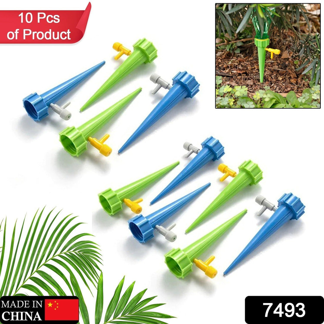 Set of adjustable plant watering spikes with slow release valves.