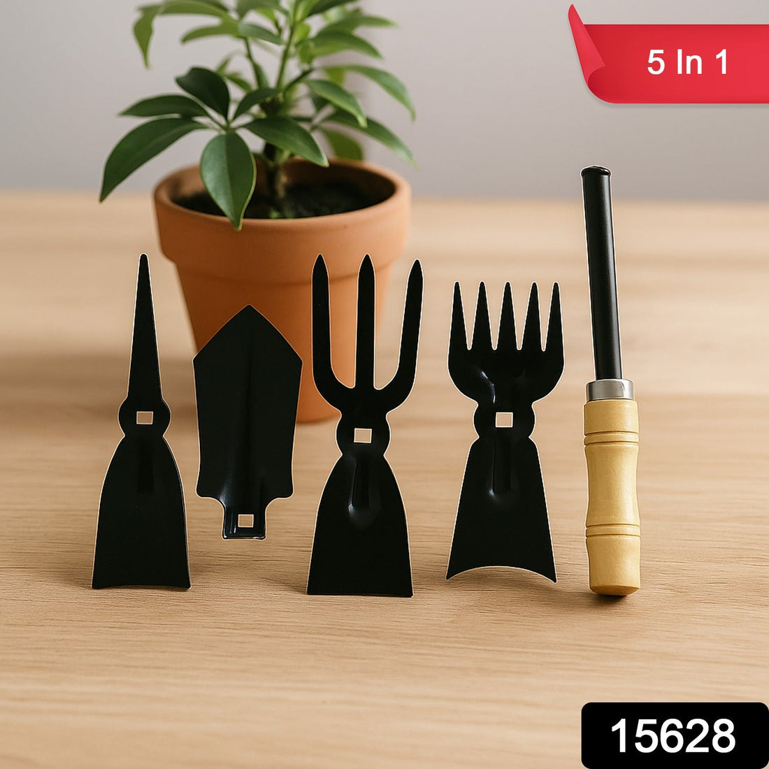 5 in 1 gardening hand tool set with wooden handles laid out