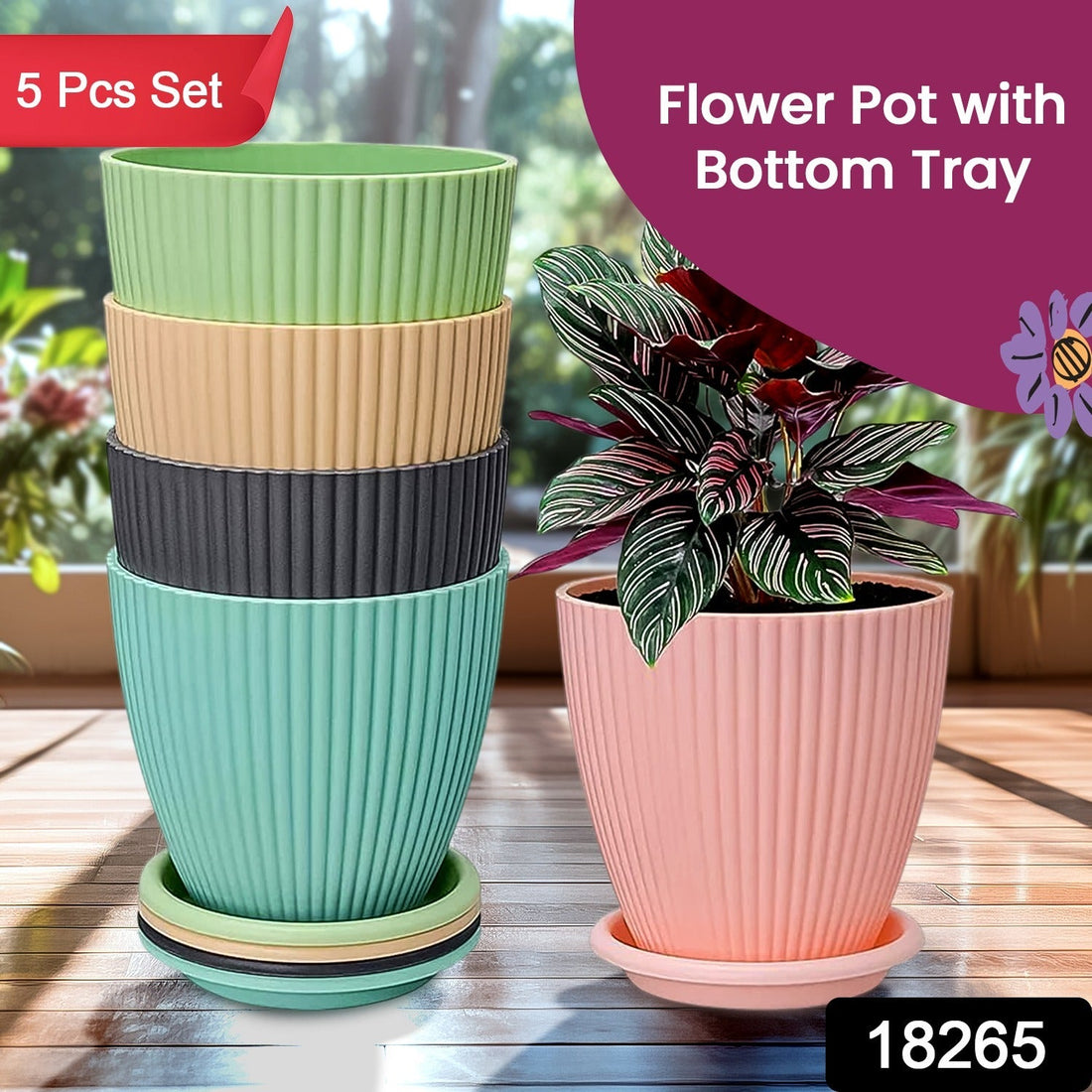 Single round plastic flower pot with a matching drainage tray, showcasing its modern design.