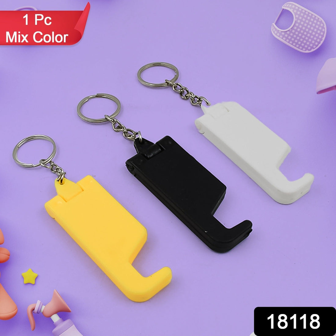 Multicolor plastic keychain mobile stand displaying smartphone support.