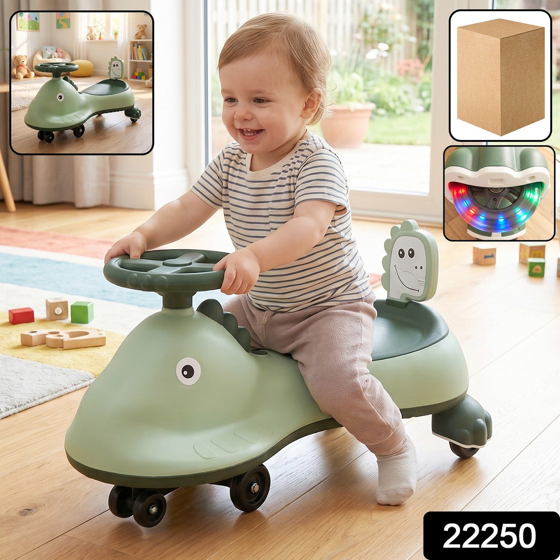 Kids dinosaur swing car ride on toy with music and steering wheel (1 pc)