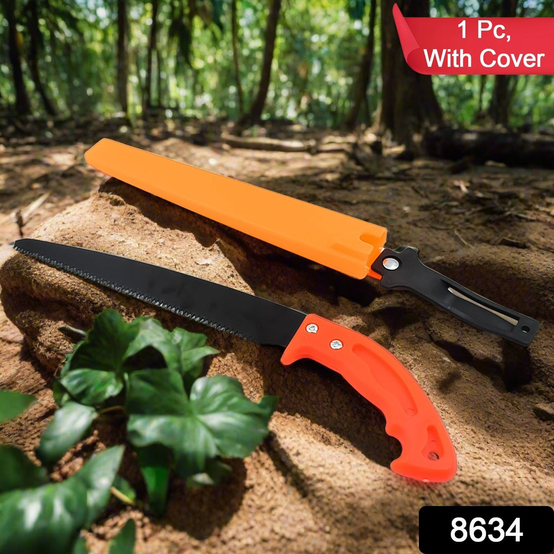High carbon steel hand pruning saw with protective cover.