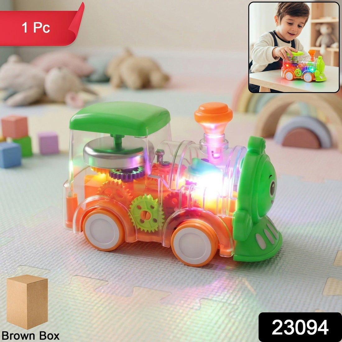 Kids transparent train toy with LED lights and moving wheels