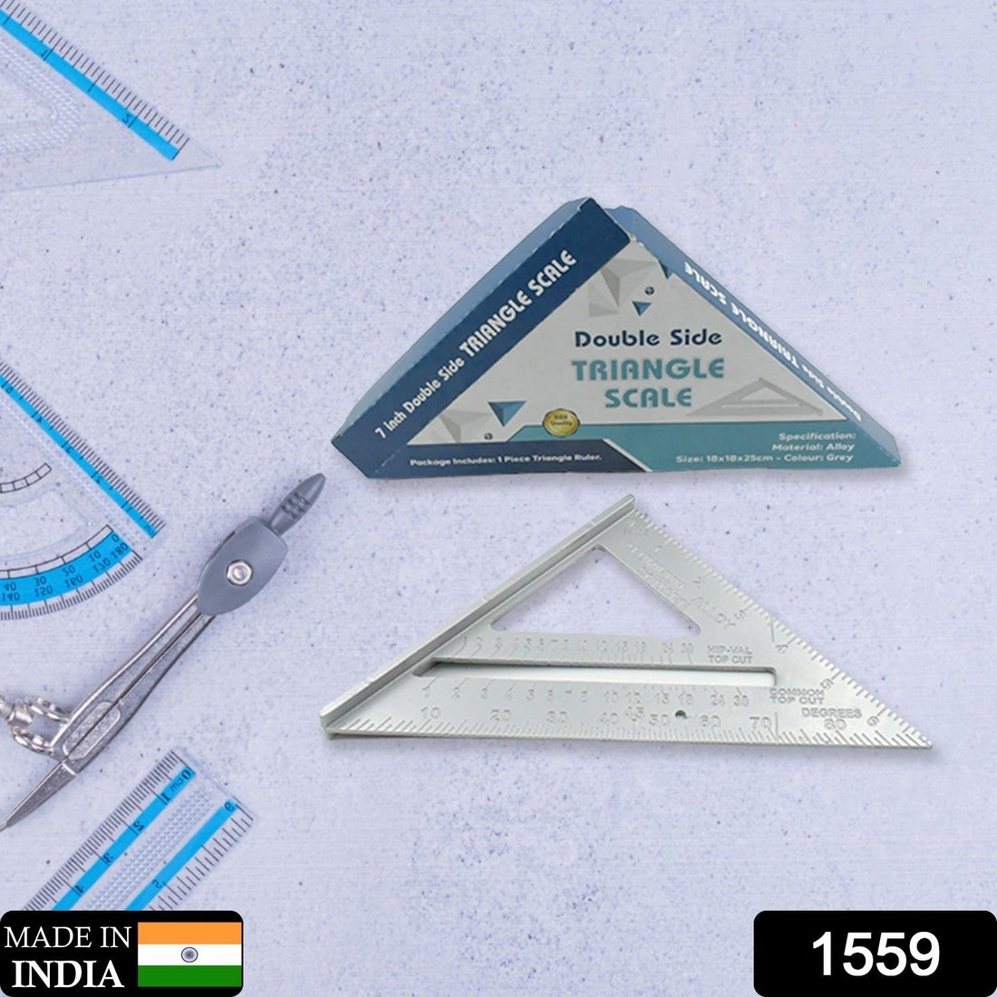 A BoltForce 45-degree triangle ruler with clear measurement markings on a workbench.