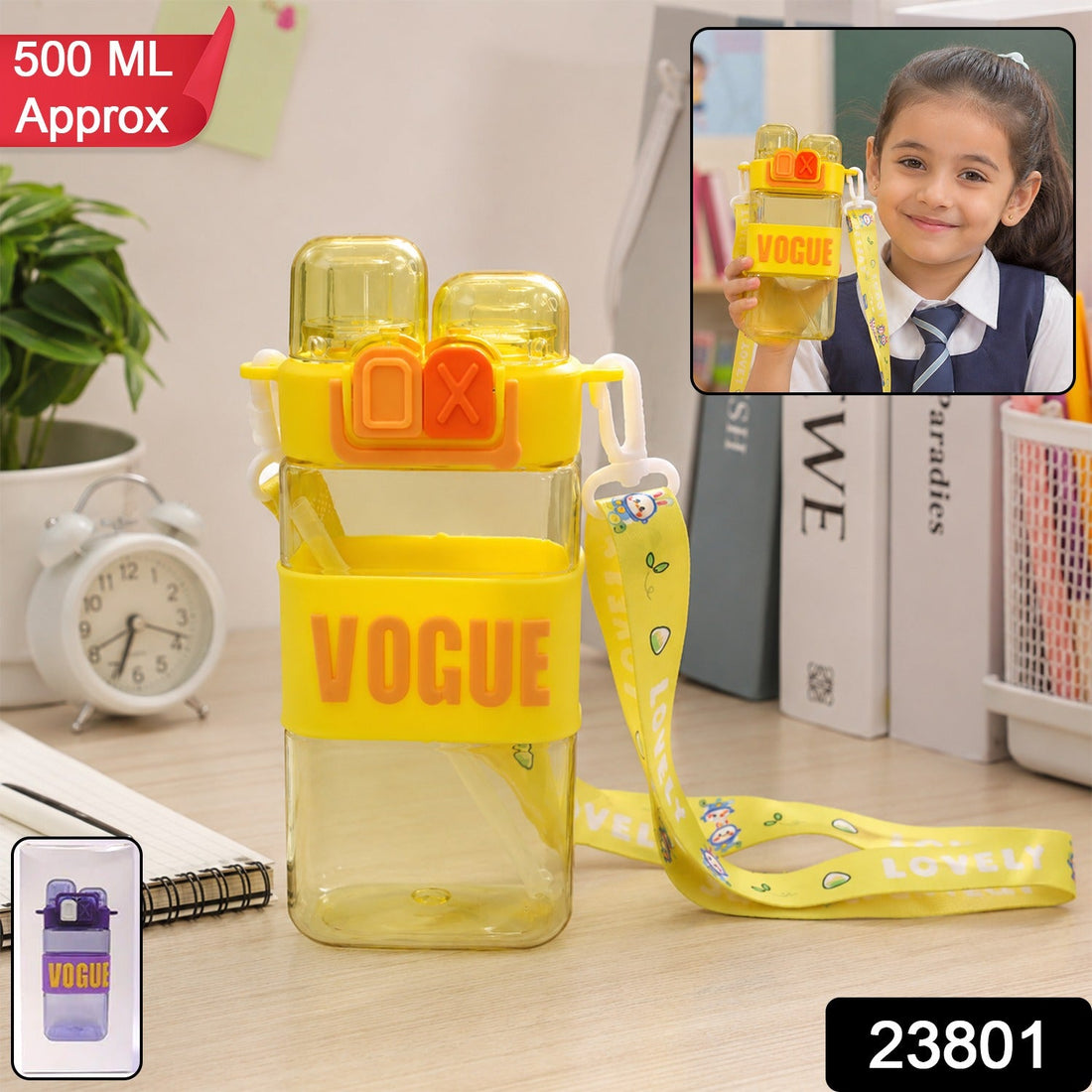 Girls dual compartment plastic water bottle with a straw and carry strap.