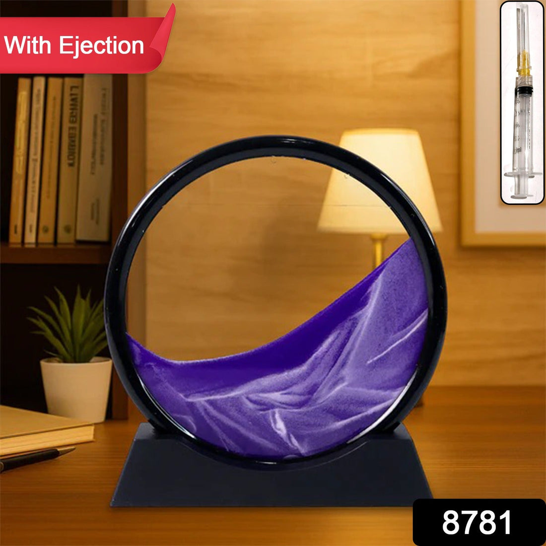 Moving Sand Art in a round glass frame, displaying a serene liquid motion sandscape on a desk.