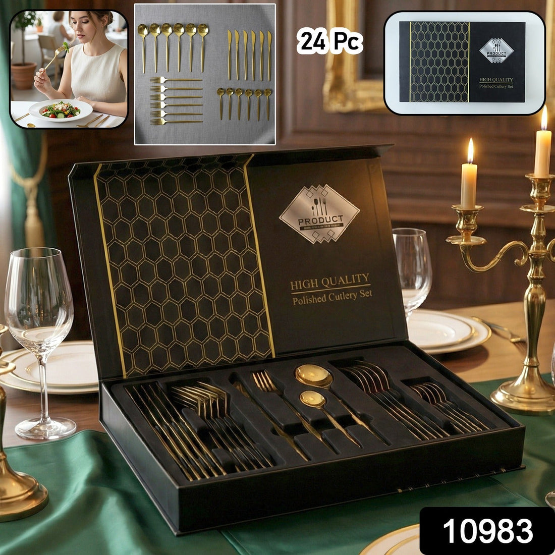 Elegant gold finish stainless steel cutlery set arranged for dinner