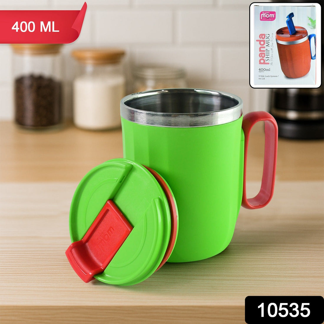 Supermom insulated panda design mug with 400 ml capacity and spill-resistant lid