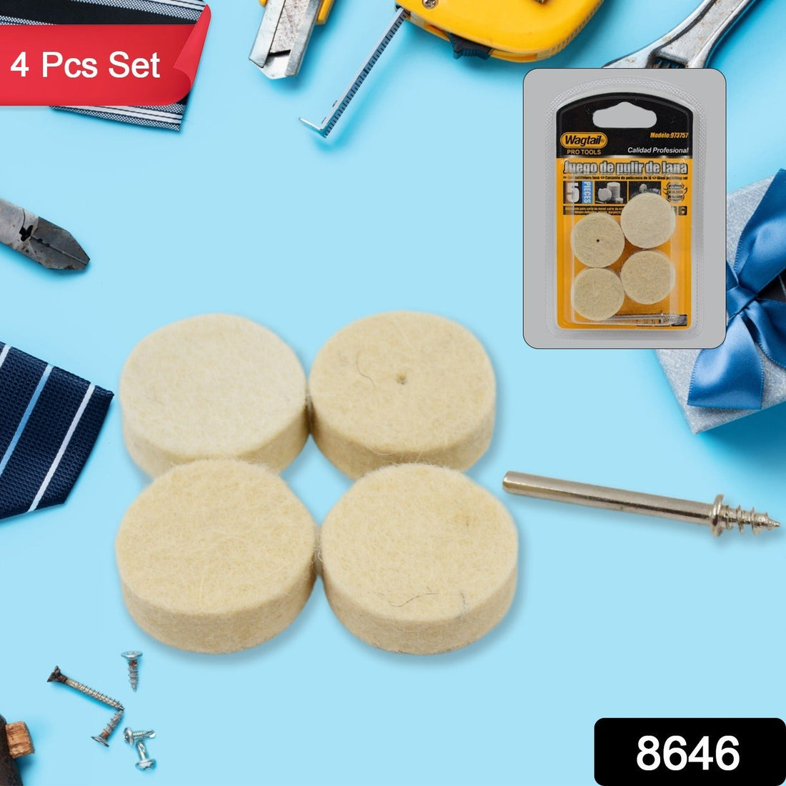 Complete 4-piece wool felt polishing pad set for rotary tools by Wagtail.