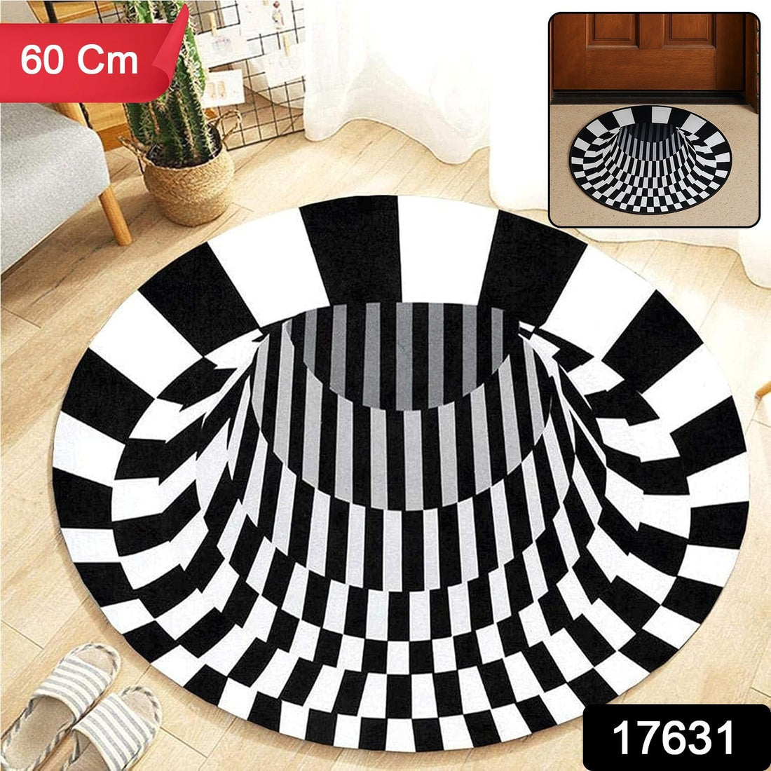 3D optical illusion round rug with vortex pattern for modern home décor
