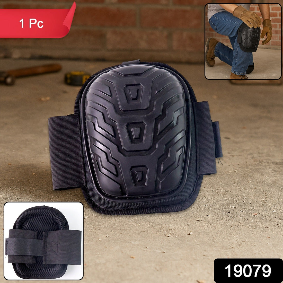 Heavy-duty knee pad with shock-resistant shell and adjustable straps on work surface