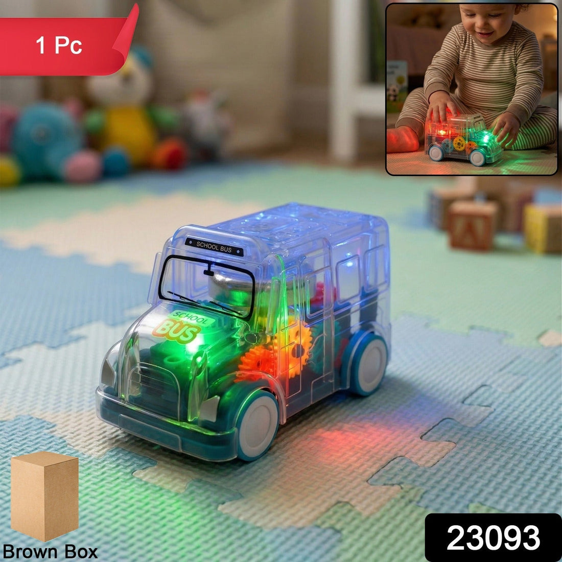 Kids transparent school bus toy with colorful LED lights