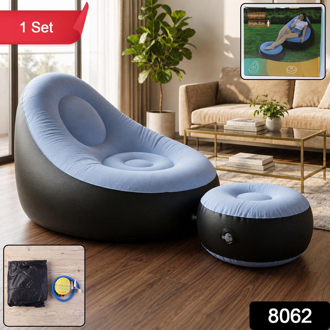 Inflatable sofa chair with footstool and pump set for outdoor use