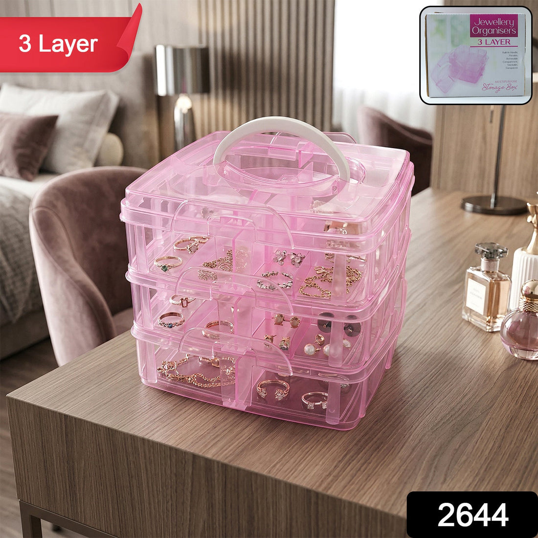 3-tier craft storage box with 18 adjustable clear compartments for organized crafting