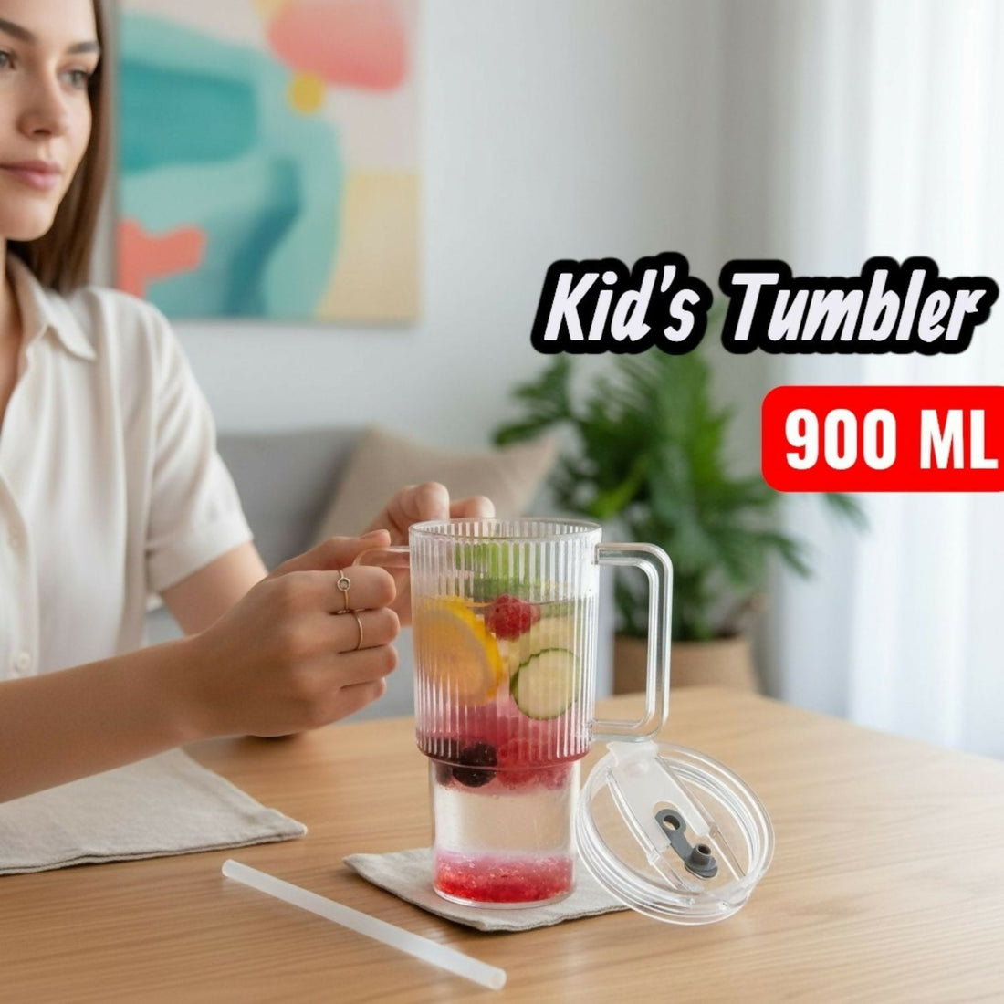 Glass tumbler with handle and reusable straw on white background