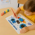 Coloring sheets showing planets and stars included in kids cosmic space painting kit