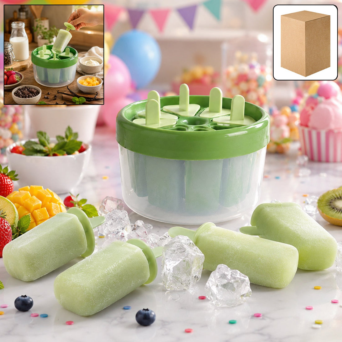 Plastic ice candy popsicle maker in a party setting showing colorful frozen treats