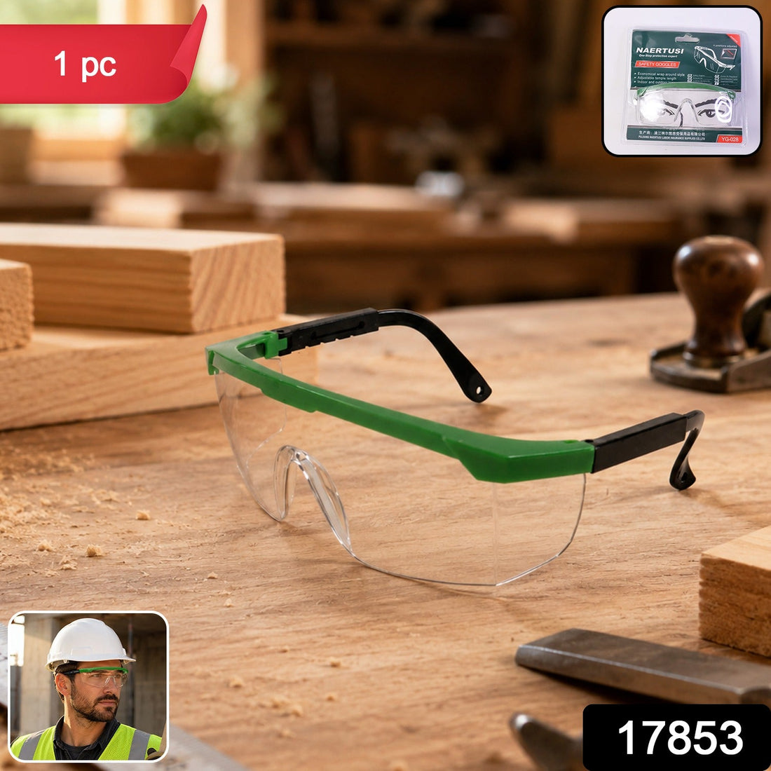 Impact-resistant safety goggles with adjustable temples and clear polycarbonate lens