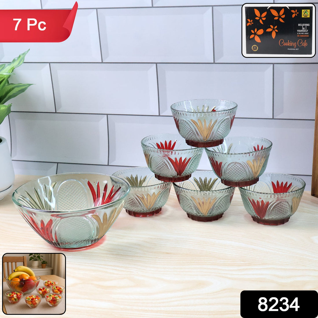 Elegant rose design glass dessert bowl set, 7 pieces, arranged for serving.