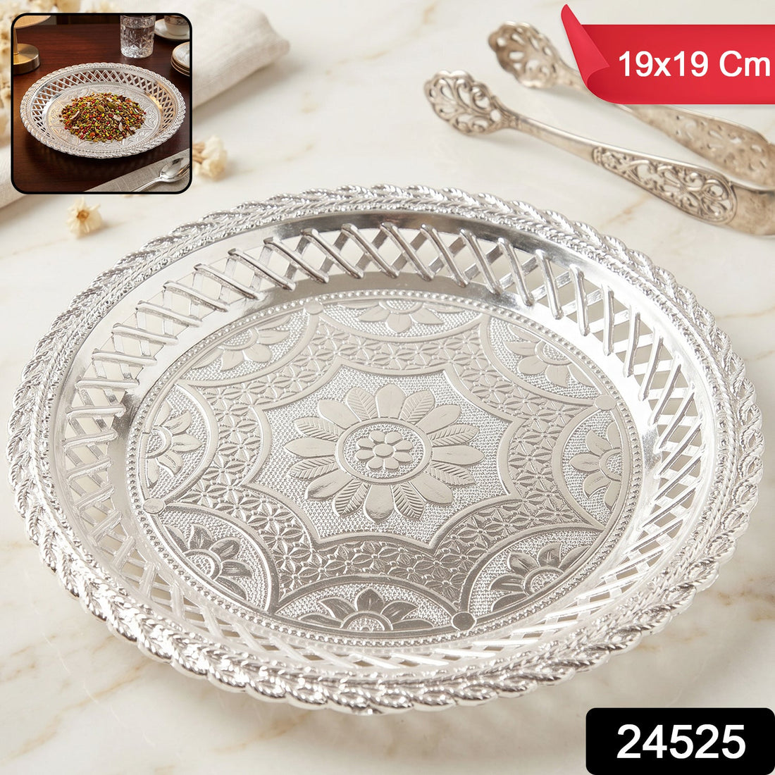 Decorative silver serving tray round floral