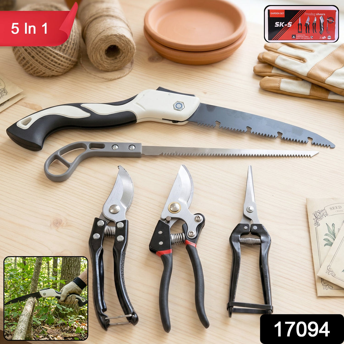 Complete 5-in-1 gardening tool kit with pruning saw, shears, and secateurs